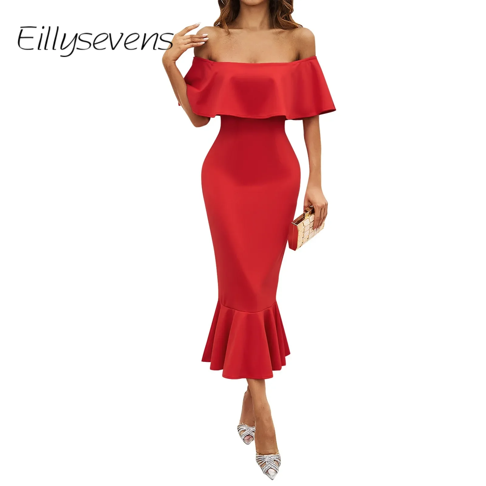 

Women'S Fashionable Dress Wrap Chest Fishtail Boat Neck Strapless Dress Sexy Ruffle Edge Solid Color Sheath Dresses Temperament