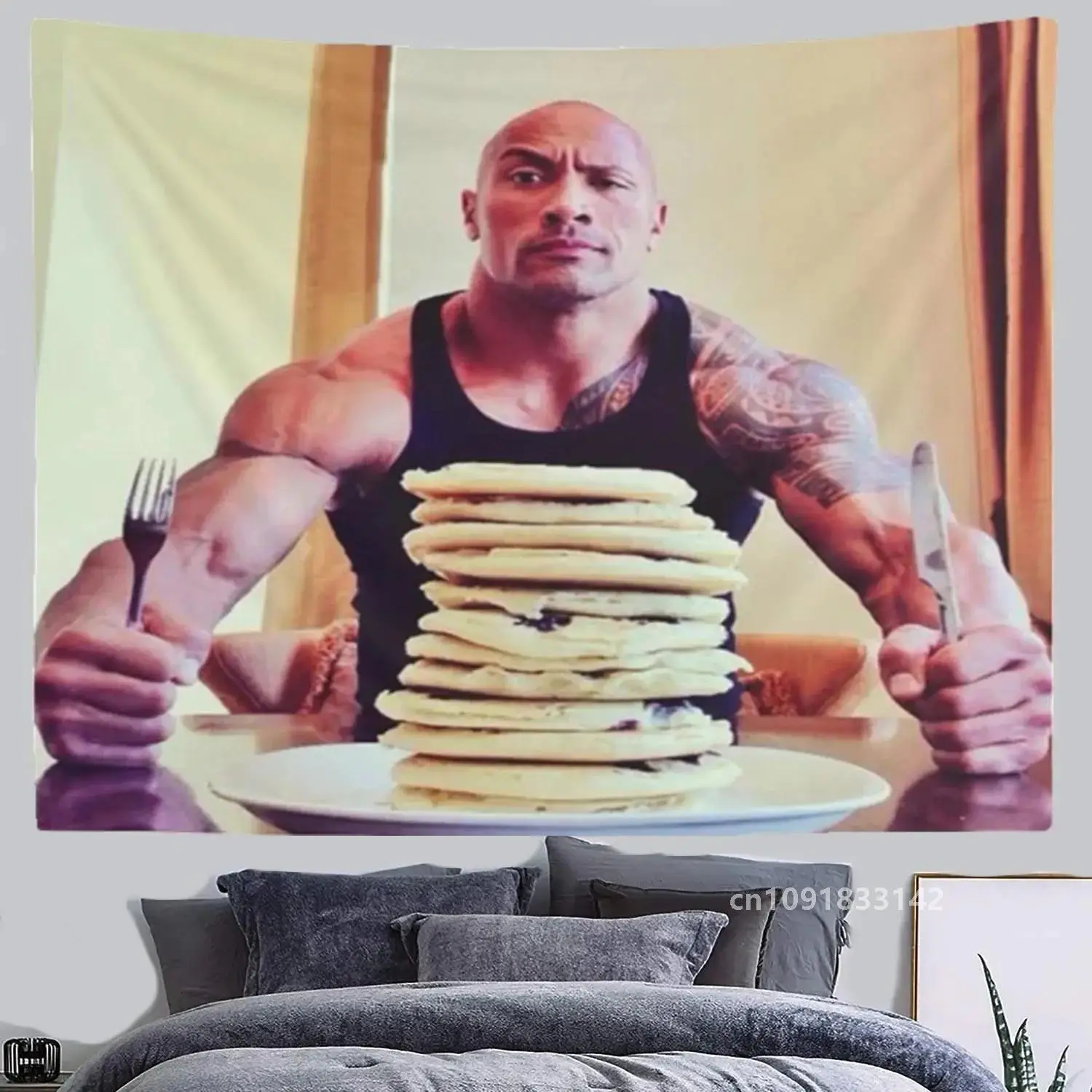 The Rock Eating Blueberry Pancakes Tapestry Wall Hanging Funny Meme Art Aesthetics Home Decor Bedroom Sofa Blanket Cloth