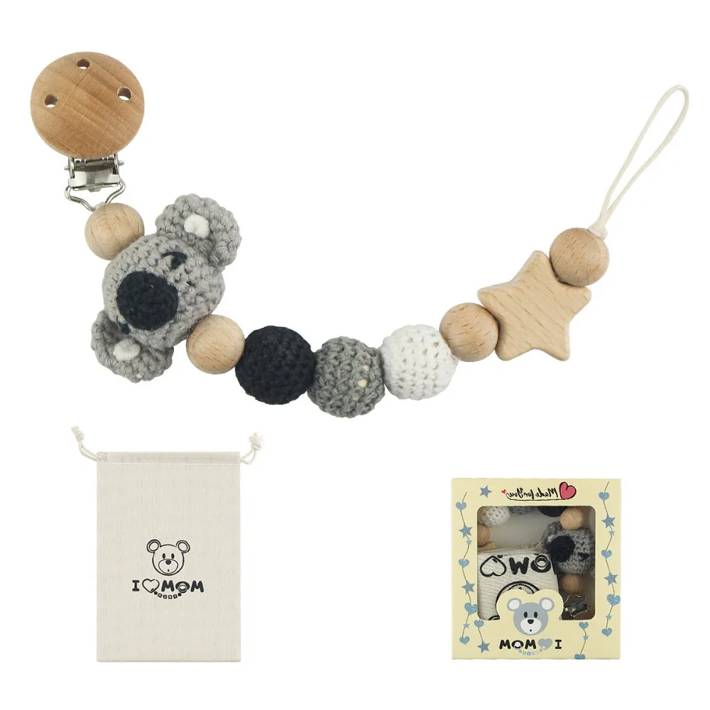 Baby Houten Fopspeen Clip Hout Gehaakt Cartoon Tandjes Fopspeen Ketting Voor Bpa Vrije Verpleging Kauw Speelgoed Baby Dummy Houder Ketting