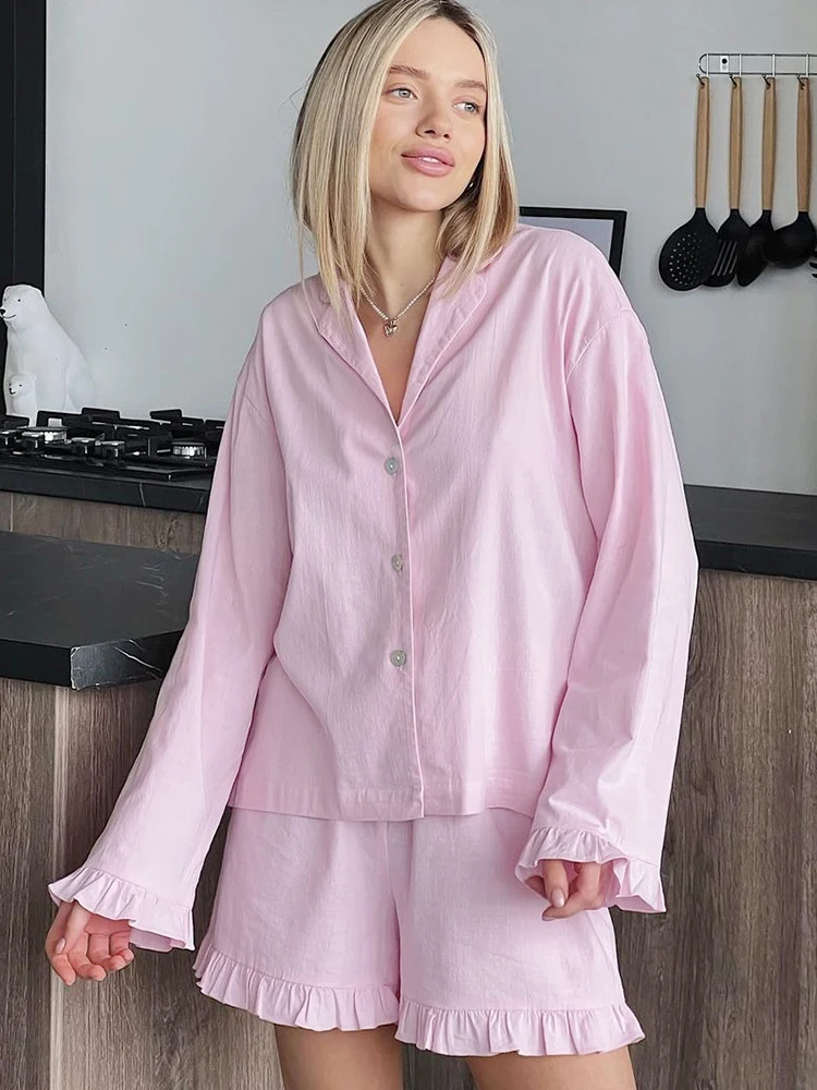 

Linad Loose Women's Home Clothes 2 Piece Sets Pink Ruffle Long Sleeve Sleepwear Female Casual Suits With Shorts Summer Pajamas