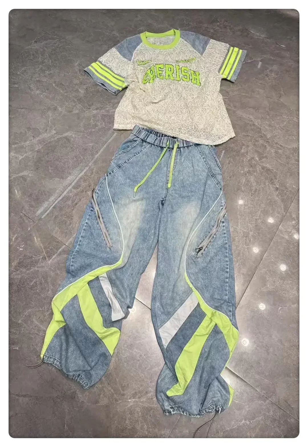 European Jeans Women's 2025 Spring New Heavy Industry Trousers Contrasting Colors Drawstring Elastic Band Loose Zipper Trousers