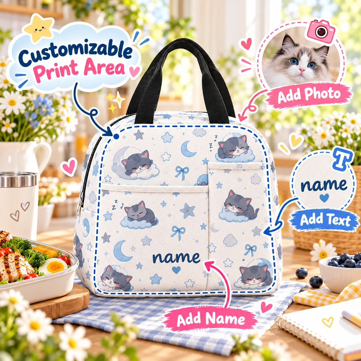 Custom Lunch Bag Personalized Name Photo Logo Print Twill Composite Fabric Lunch Tote Handbag for Office School Picnic Travel