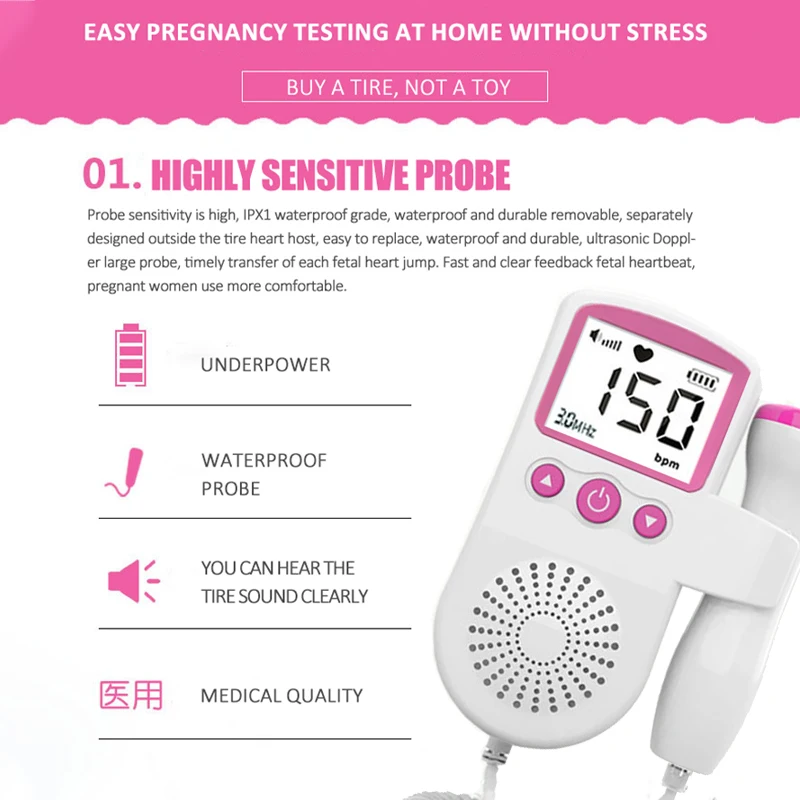 Портативный фетальный допплер, монитор сердечного ритма, ЖК-дисплей для беременных женщин, домашняя беременность, розовый, синий