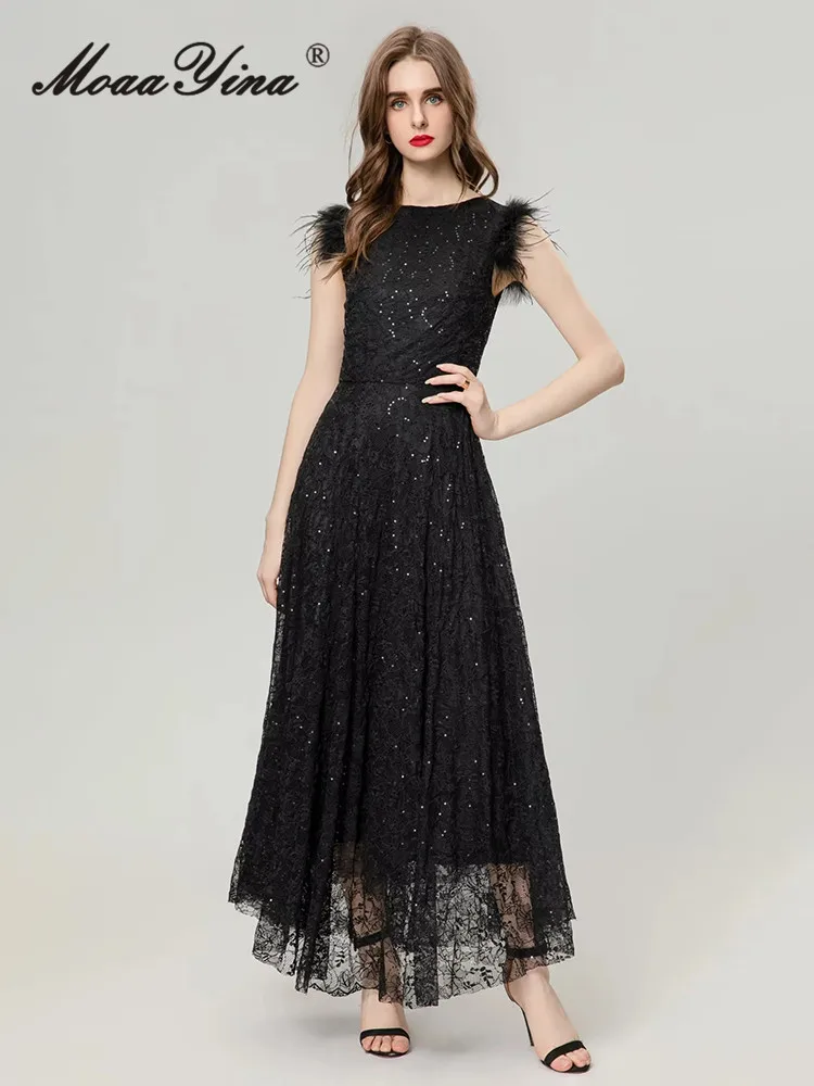 MoaaYina Summer Fashion Designer High Quality Women Dress Vintage Sequins Net Yarn Flowers Embroidery Feathers Temperament Dress