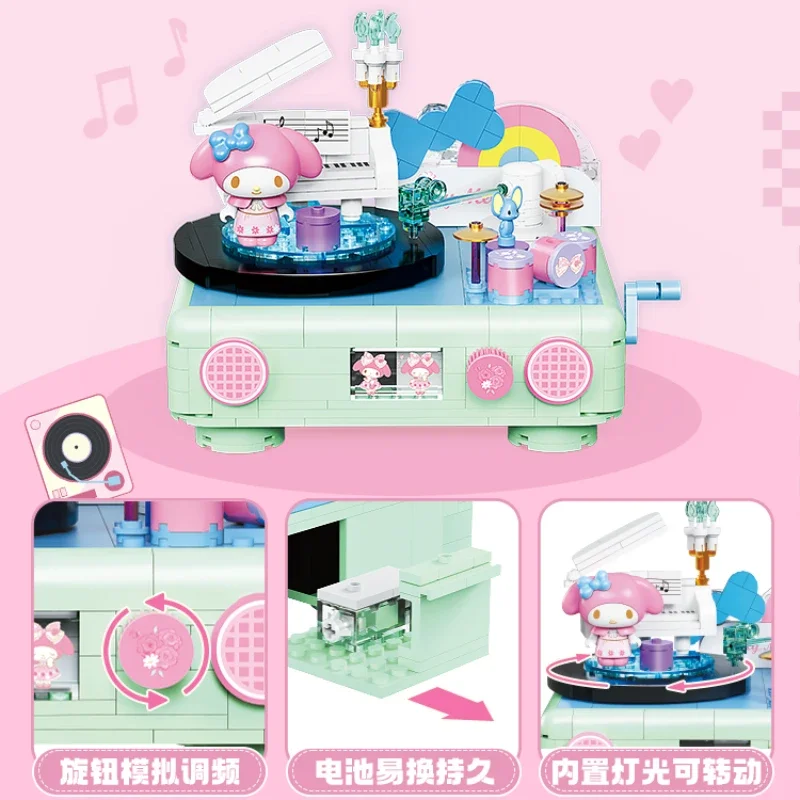 Sanrio Building Blocks Kuromi My Melody Vinyl Record Player Retro Camera Puzzle Assembly Toy Model Ornaments Collection Gift