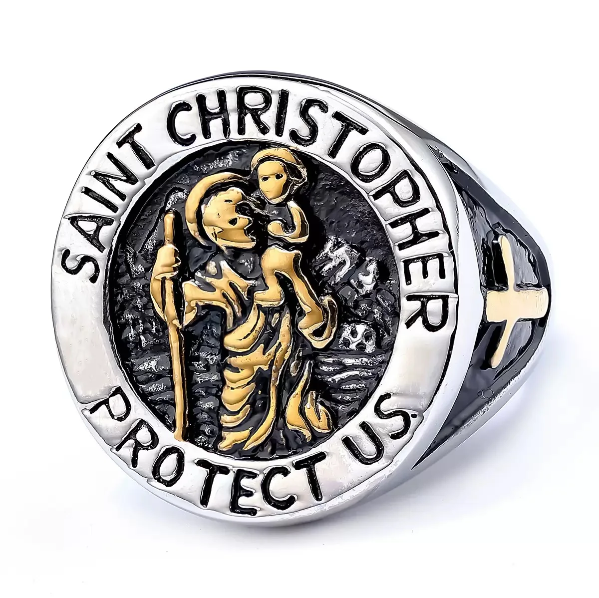 Golden Cross Solid Ring 316L Stainless Steel Jewelry Saint Christopher Protect Us Rings