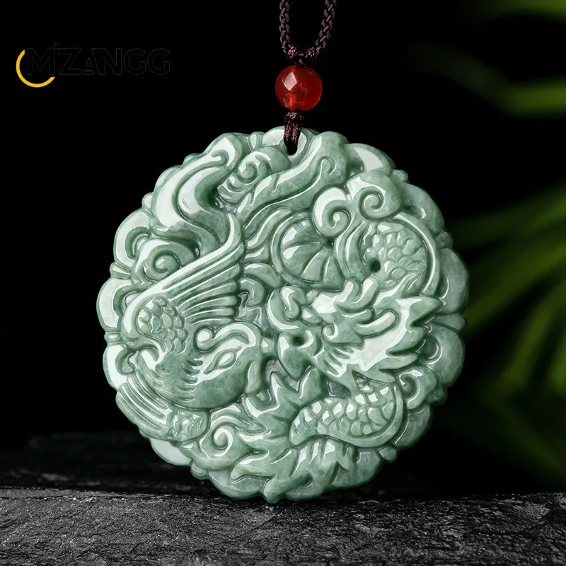 

Natural Jadeite Bean Seed Dragon and Phoenix Pendant Hand-carved Simple Exquisite Couple Necklace Men and Women Holiday Gift