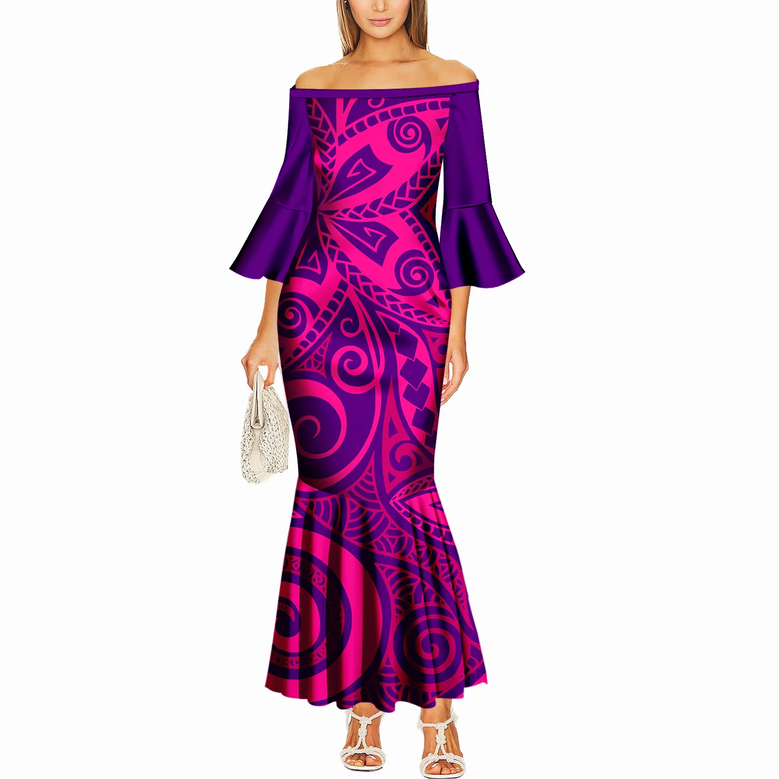 فستان صيفي بكتف واحد وأكمام واسعة على شكل جزيرة بولينيزية للنساء تصميم صديق للبشرة طويل مثير مصنوع حسب الطلب فستان ذيل السمكة النحيف #3