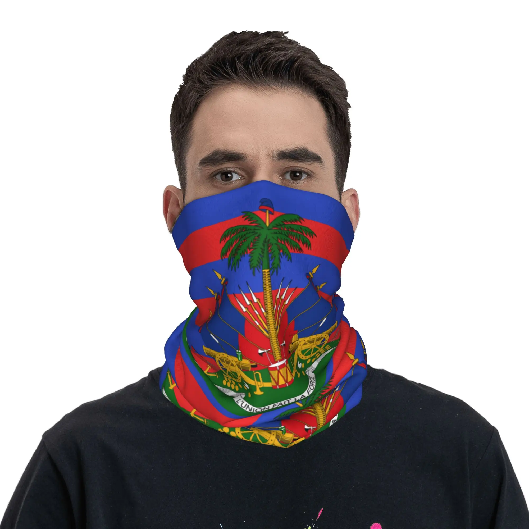Custom The National Emblem of Haiti Bandana Neck Warmer Women Men Winter Ski Tube Scarf Gaiter Patriotic Face Cover view 4