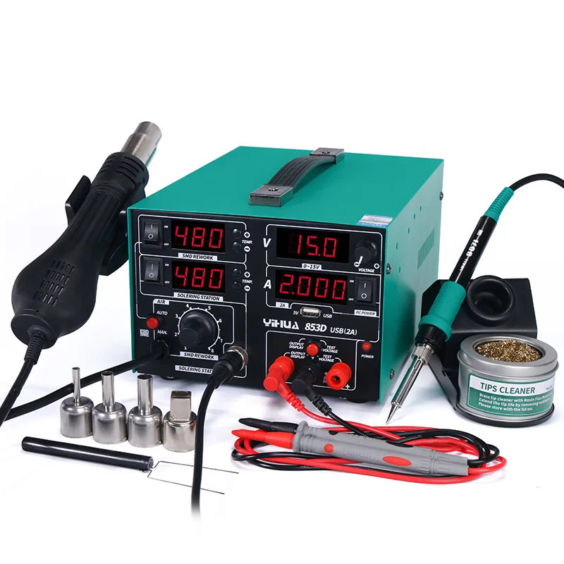 YIHUA 853D Soldering Station Rework Station 4 in 1 Hot Air Gun Soldering Iron USB Output 15V 2A DC Power Supply BGA Welding Tool