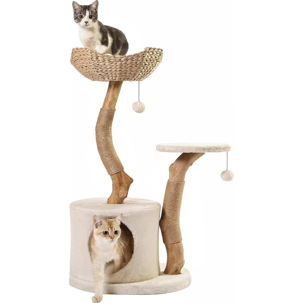 

Modern Cat Tree for Indoor Small Cats - Real Wood Cat Tower with Scratch Post, Hiding Enclosure - Unique, Boho,White