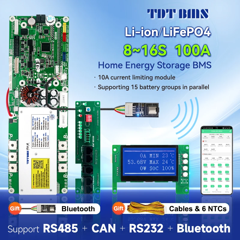 

TDT Smart BMS Lithium Ion Battery 8S 13S 14S 15S 16S 24V 36V 48V Lifepo4 100A for Energy Storage Optional Active Balancer