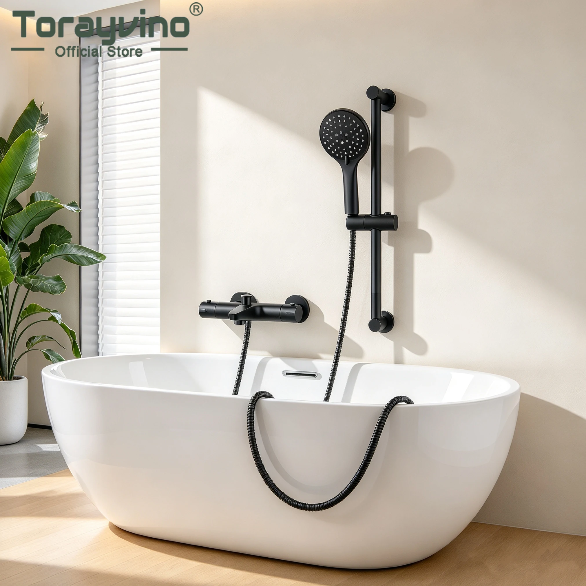 Torayvino Black Thermostatic Bathroom Bathtub Shower Faucet Set Handle Shower Combo Wall Mounted Cold And Hot Mixer Water Tap