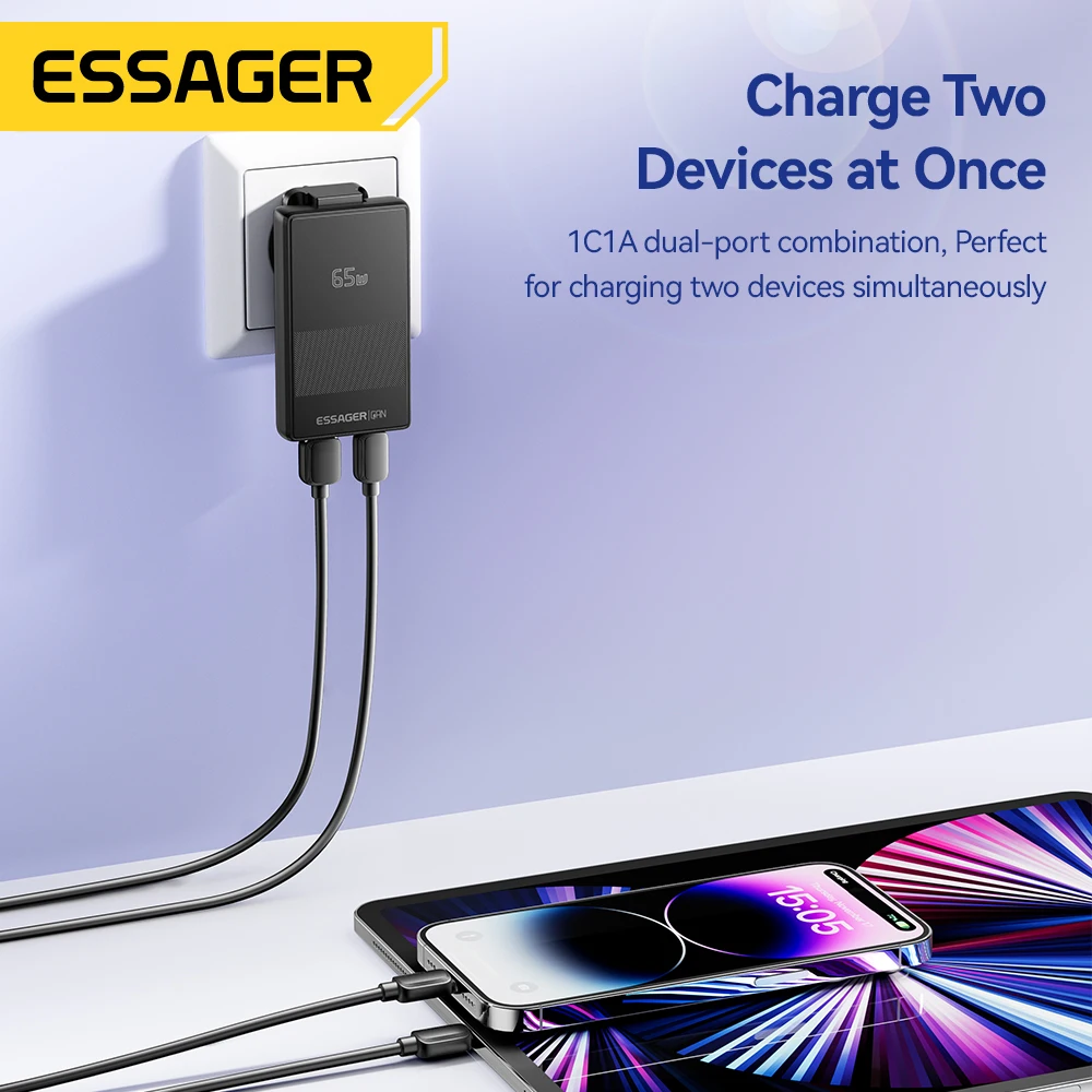 Essager 65W GaN Charger Ultra Thin Quick Charge 4.0 PD3.0 PPS Portable USB Type C Charger For Macbook Laptop iPhone 16 15 14 13