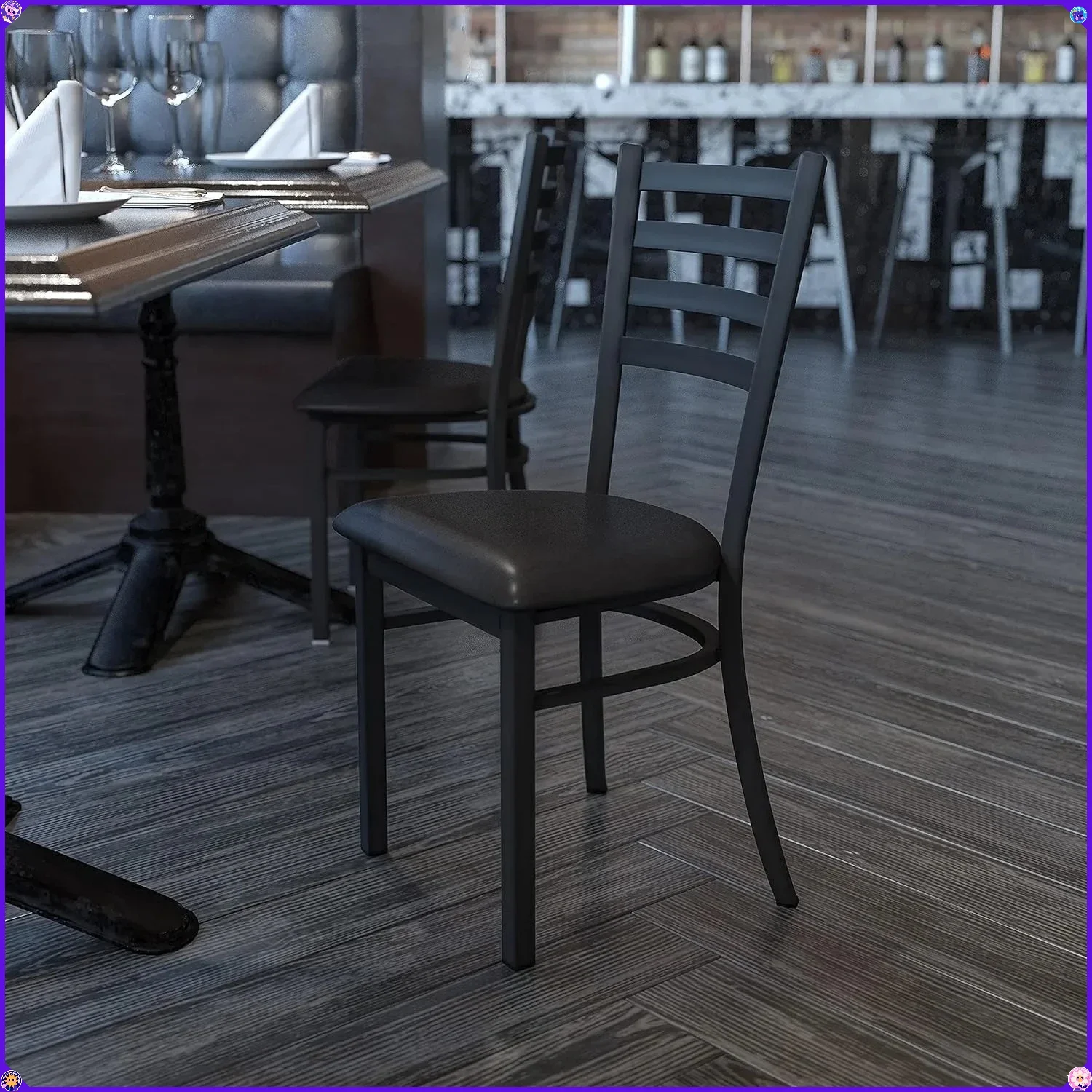 Series Black Ladder Back Metal Restaurant Chair - Black Vinyl Seat