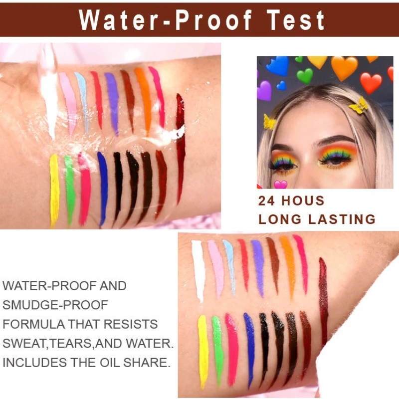 Delineador de ojos líquido de 17 colores, resistente al agua, de secado rápido, de larga duración, altamente pigmentado para fiestas, festivales, escenarios, apariencia de maquillaje creativa
