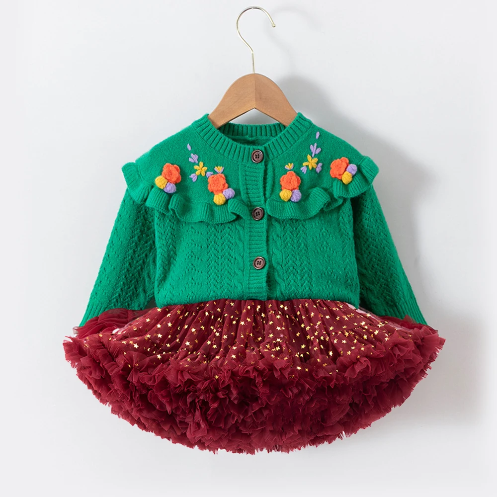 

Вязаный топ и нижний комплект, детская одежда из 2 предметов для девочек, зеленый кардиган + красная сетчатая юбка-пачка, платье принцессы для рождественской вечеринки, осень
