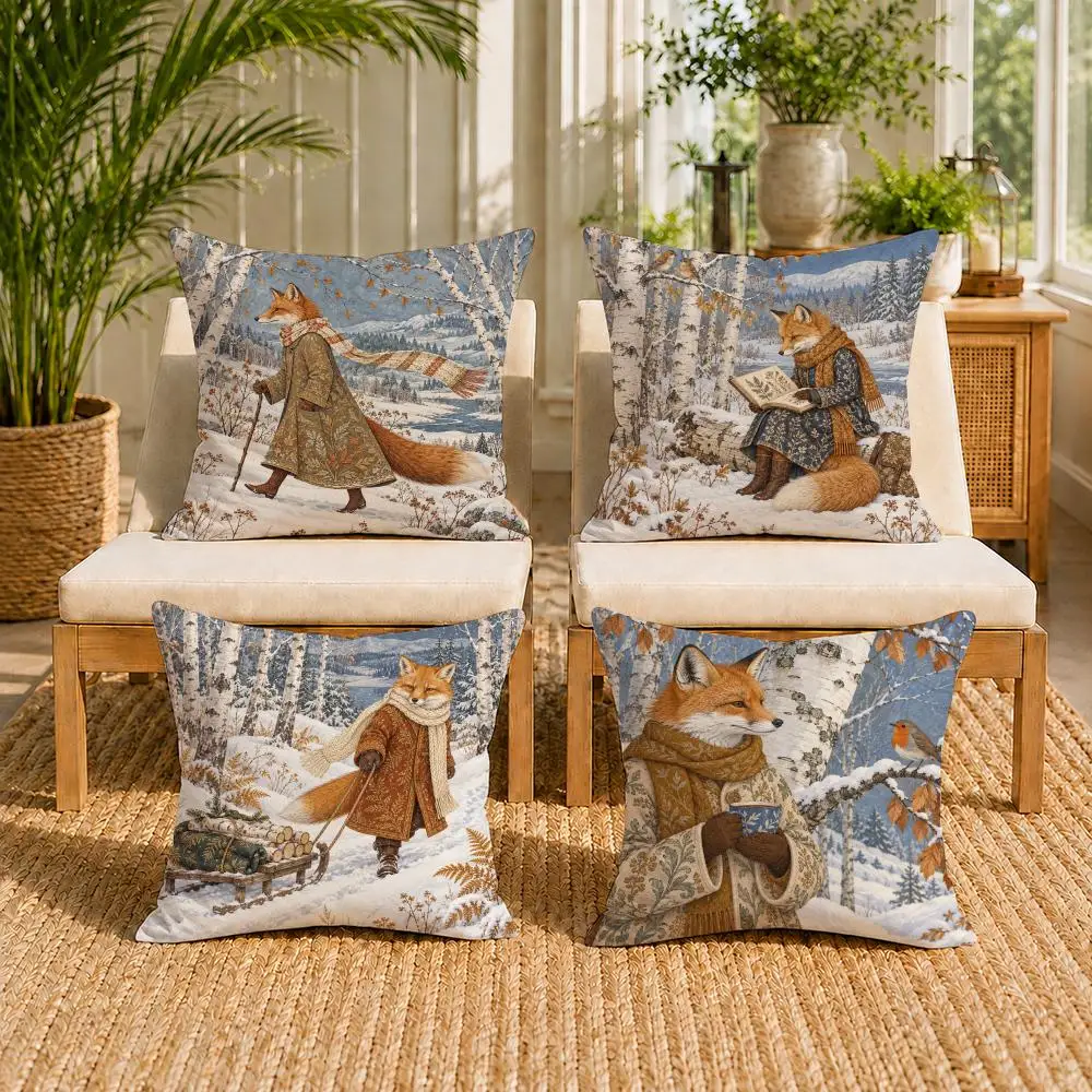 Winter Fox Elegant Snowy Forest Cushion Cover Double-Sided Plush Sofa Pillow Cases Organic Breathable Invisible Zipper