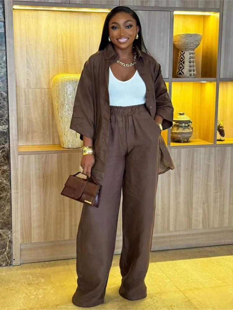 Pants Set For Women Spring Summer Loose Shirt Tops High Waist Wide Leg Trousers 2 Piece Sets Casual Office Ladies Trousers Suit