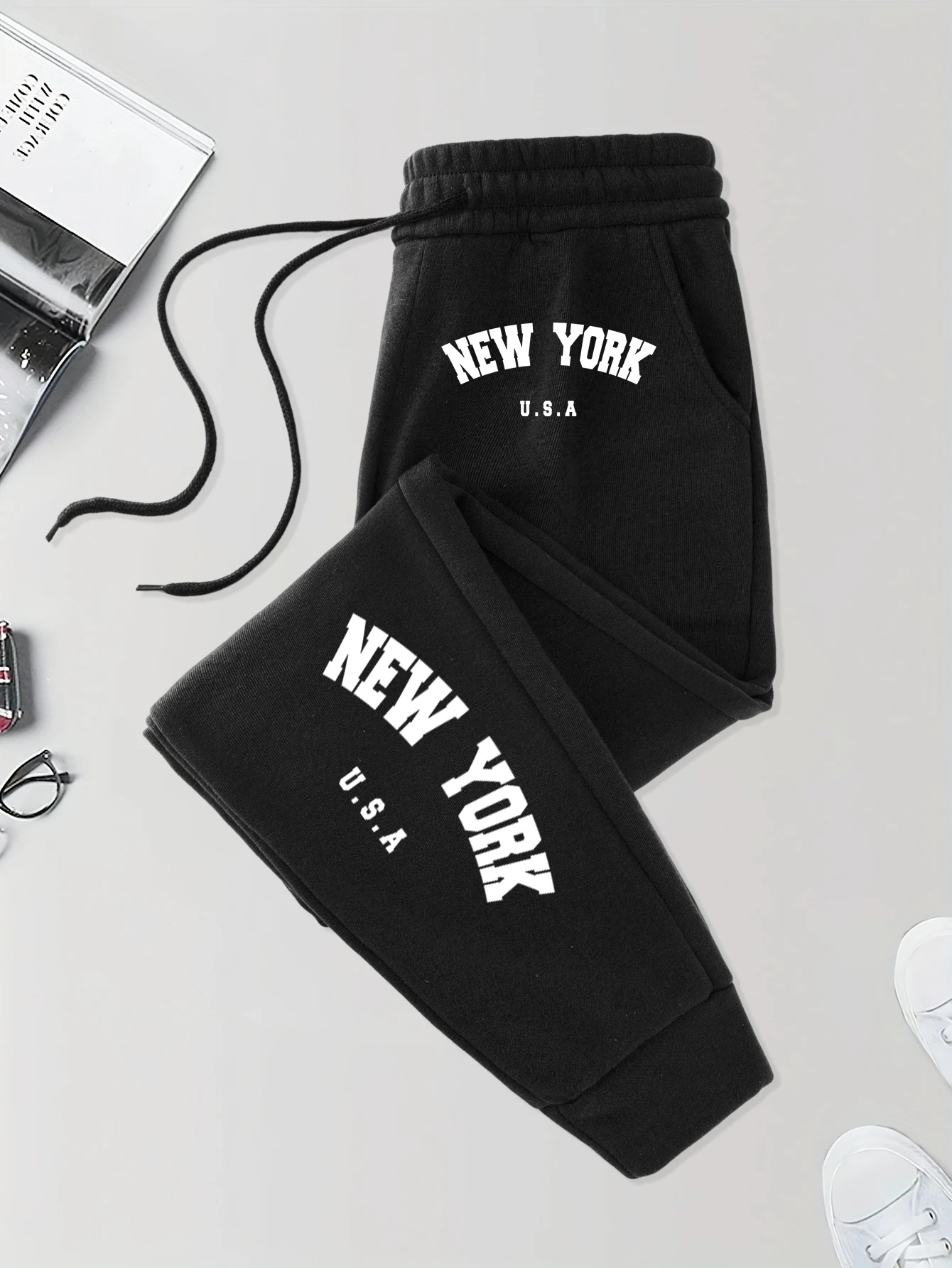 

New York Usa Printed Elastic Waist Trousers Mens Autumn Versatile Sweatpants Basic Warm Britches High Street Soft Sportpants
