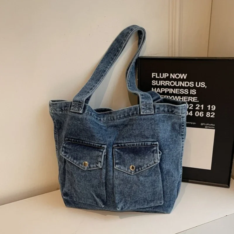 

Retro Design Women's Denim Shoulder Bags Large Capacity Ladies Travel Handbags Commuter College Girls Book Tote Shopper Bag
