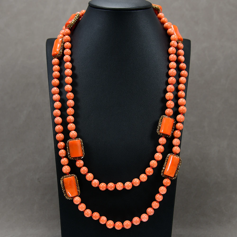 

GG 50'' Long Orange Coral Branch Rhinestone CZ Paved Spacer Gems Beads Round Coral Necklace Handmade Women Gifts