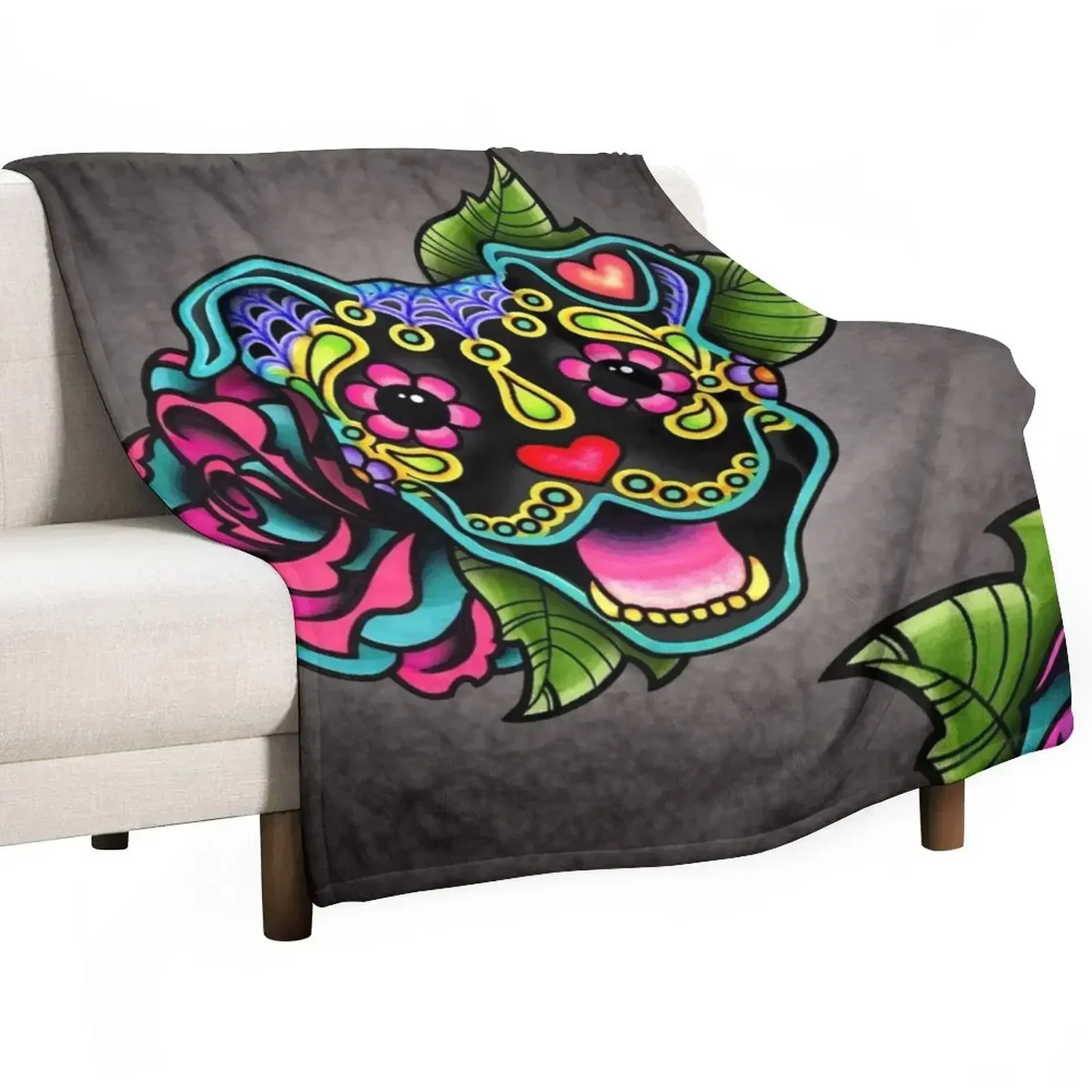 Smiling Pit Bull in Black - Day of the Dead Happy Pitbull - Sugar Skull Dog Throw Blanket Bed Quilt manga Hairys Blankets