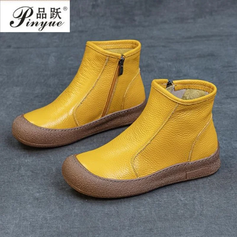 Women Booties Retro Fall New Genuine Leather Flat Women Ankle Boots Round Toe Casual Large Size Women Shoes Boots 35-41