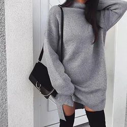 Oversaized Lazy Style Korean Version Solid Color Casual Turtleneck Long Sleeve Dress For Lady Streetwear Knit Dress