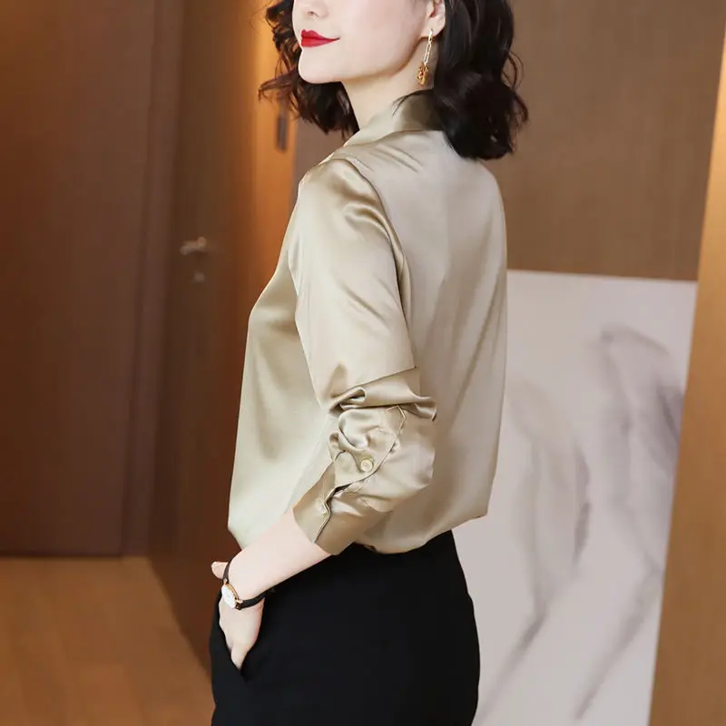 Women High Quality Satin Elegant Formal Shirt Fashion Business Casual Office Lady Basic All Match Blouse Solid Long Sleeve Tops