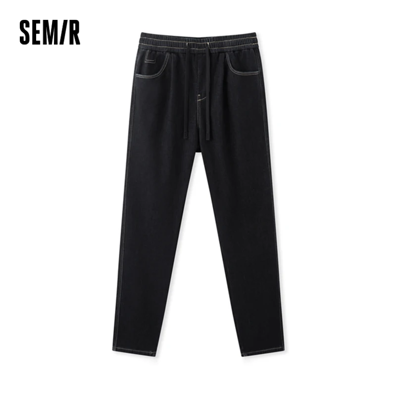 

Semir Jeans Men Fleece Lined Warm Trousers 2024 Winter New Retro Texture Loose Tapered Pants Elastic Waist Denim Trousers