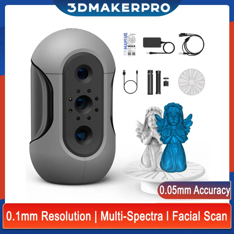 

3DMakerpro Mole 3D Scanner 0.05mm High Accuracy 0.1mm Resolution 10fps Scan Speed Handheld/Turntable Modes Portable 3D Scanner