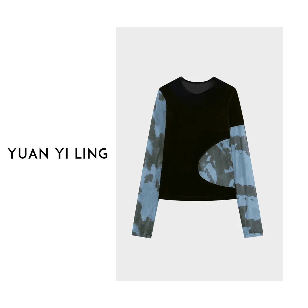 

Синяя бархатная приталенная базовая футболка, весна-осень, новинка, цветной воротник с нерегулярным принтом, длинная круглая футболка Ne