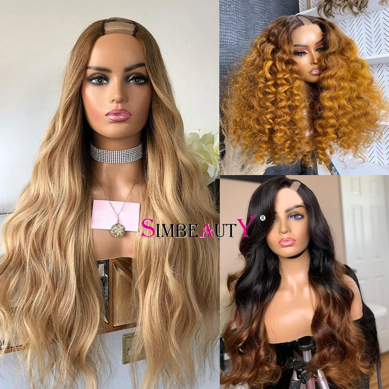 

28Inch Glueless #4T#27 U Part Human Hair Wigs with Baby Hair 180Density Indian Wavy Ombre Honey Brown 1x4 U Part Wigs for Women