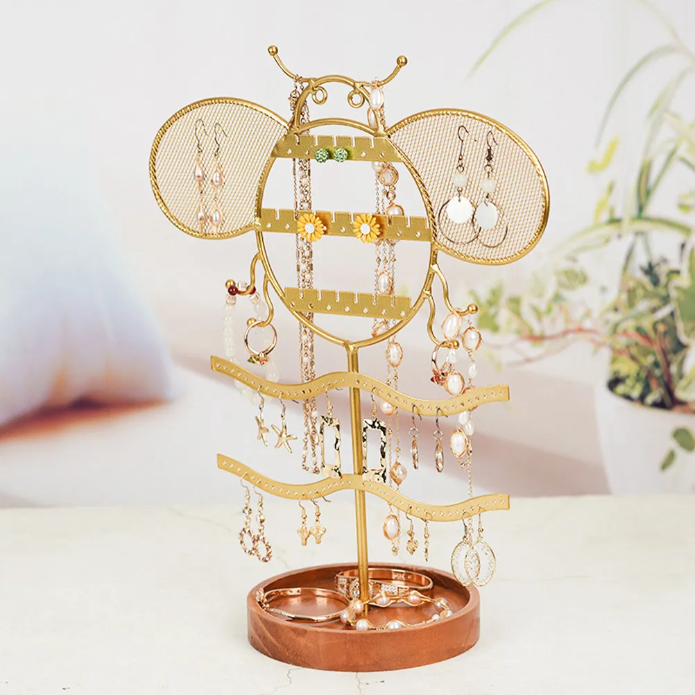 Bee Shape Jewelry Stand Display Organizer for Necklaces Bracelets Earrings Rings Watches Wooden Tray Iron Frame Multi-Functional