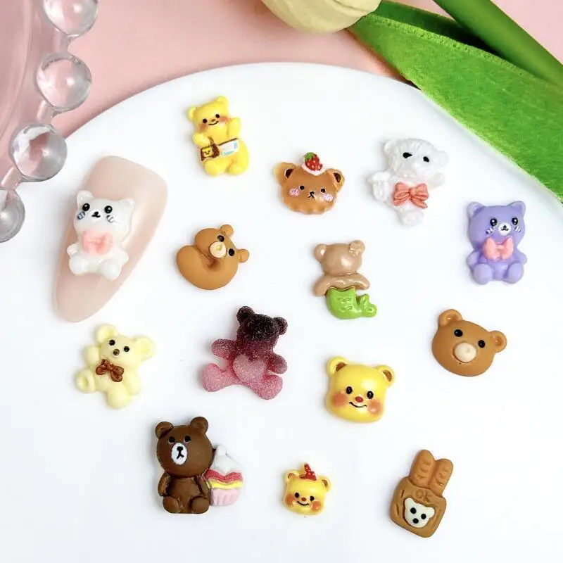 Simulated Cartoon Bread Bears Nail Charms Gradient Powder Blusher Butter Bears Resin Nail Art Decorations for DIY Nails Ornament