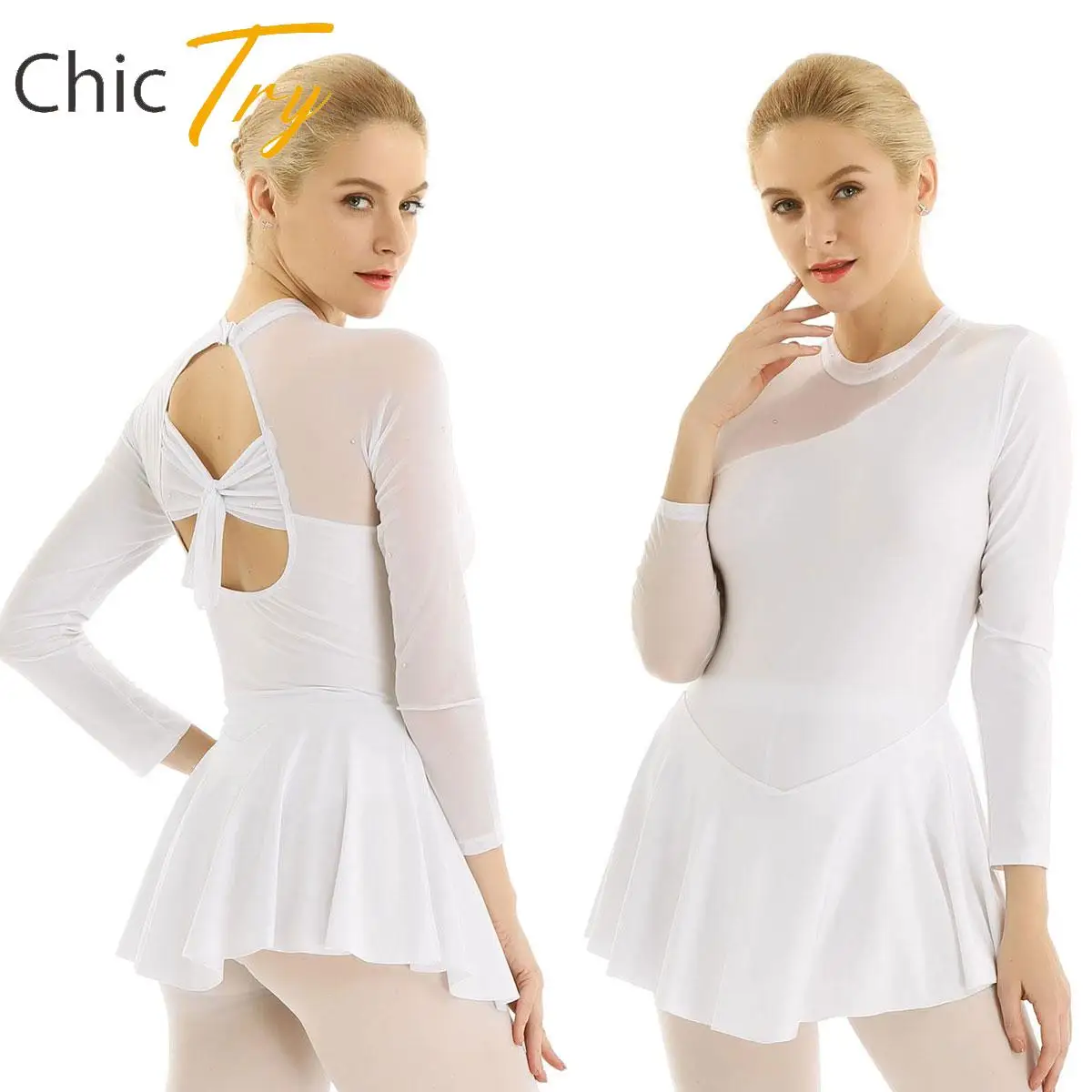 Adult Women Ballet Dance Dresses Bodysuit Figure Skating Clothes Long Sleeve Neck Halter Backless Stage Gymnastics Latin Dress