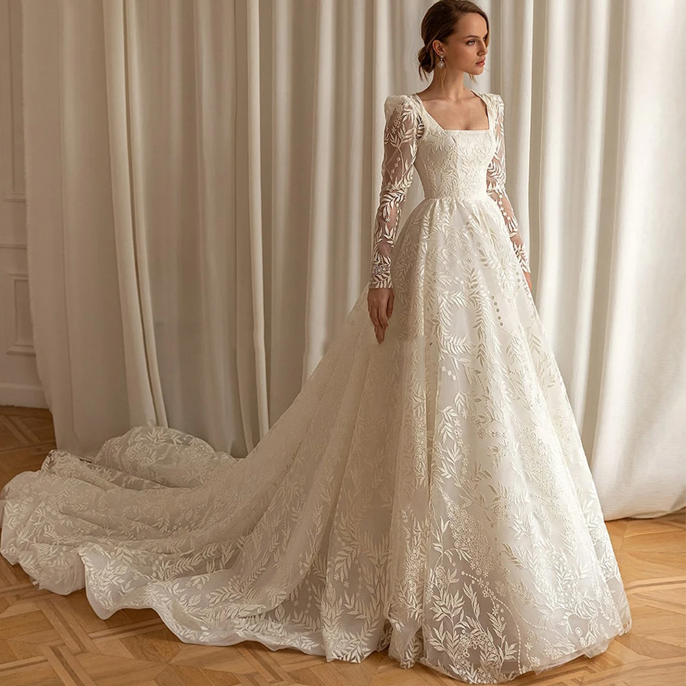 

Luxury Square Collar Full Sleeve Wedding Dresses with Applique Sweep Train Organze Bridal Gowns for Marriage Vestido De Noche