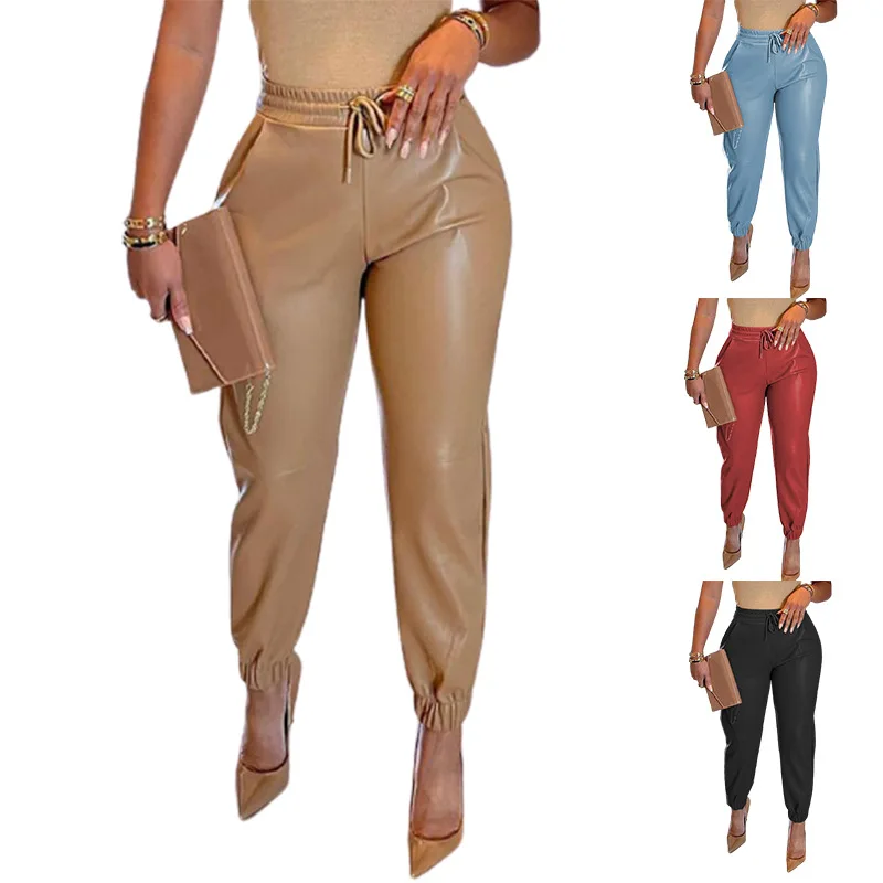 Spring Summer New Pure Color Drawstring Pocket PU Leather Casual Fashion Cuffed Leather Pants Long Trousers Women's