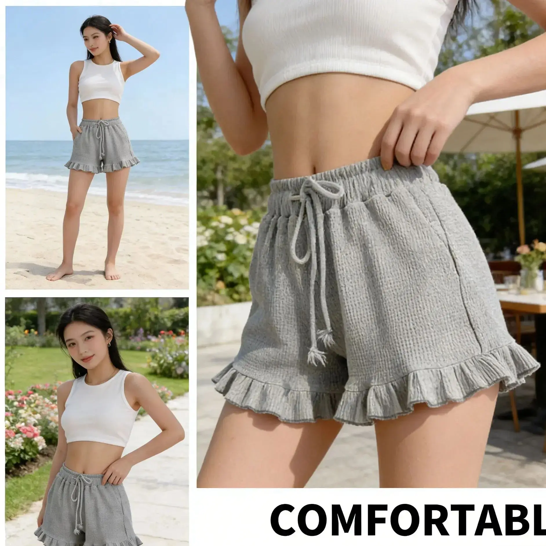 

Women's Knit Ruffled Hem Shorts Elastic Waist Drawstring Casual Comfy Summer Loungewear Bottoms