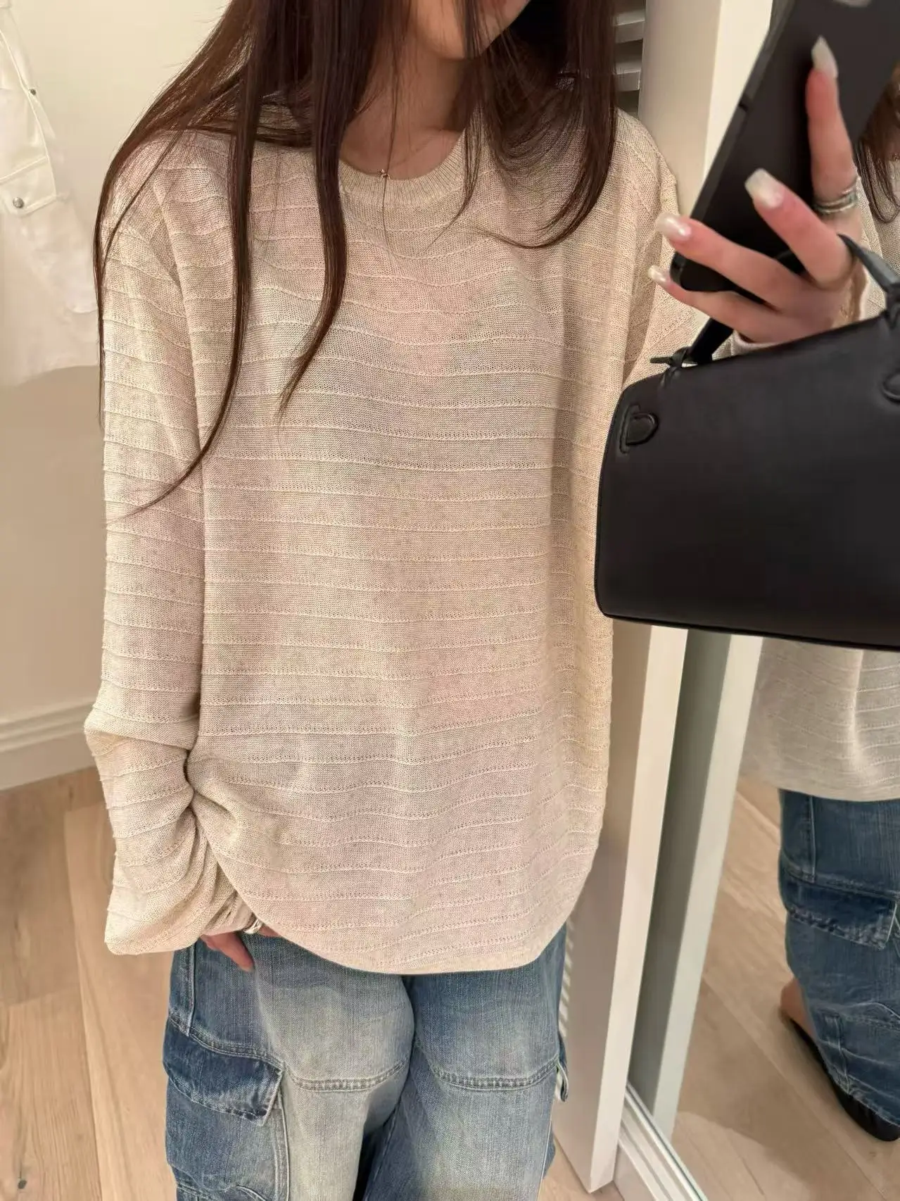 

Korean Style Textured Striped Knitwear Loose Fit round Neck Spring 2026 Lazy Style Slimming Top Women's Fashion Commute