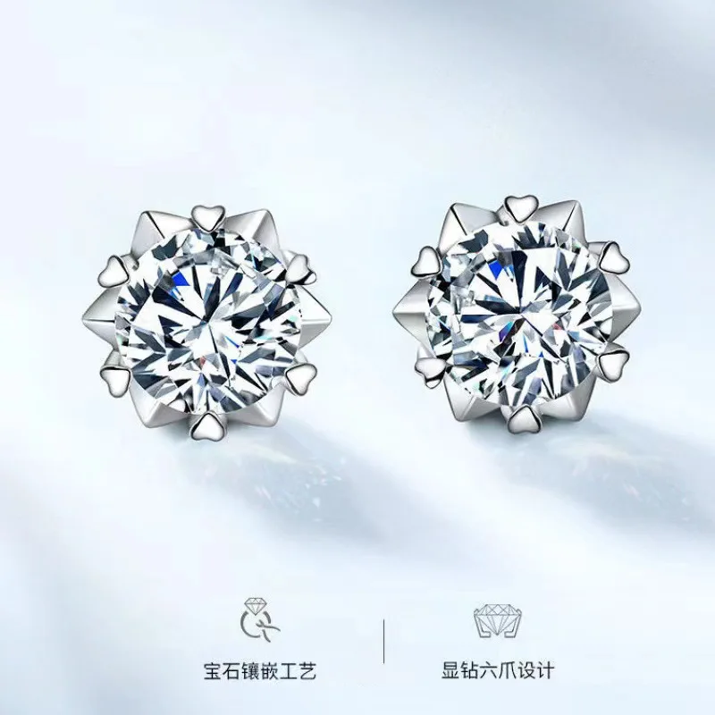 Diamond Snowflakes Stud Earrings for Women Real 925 Sterling Silver Solitaire Eternity Wedding Party Jewelry