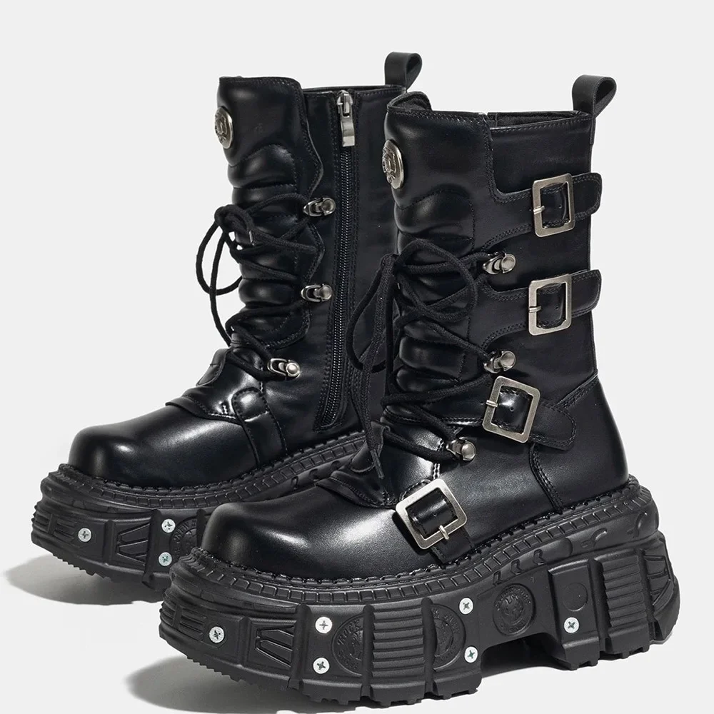 2024 New Punk Style Women Shoes Lace-up Platform Shoes Woman Rock Boots Metal Decor Thick Bottom Street Shot Knight