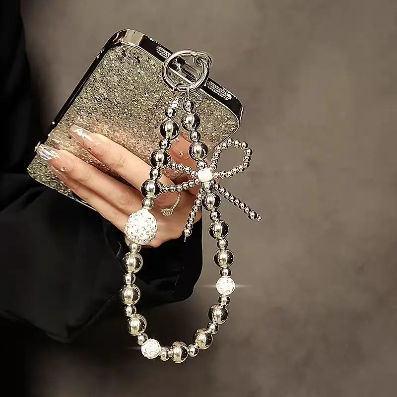 

Sparkling Diamond Silver Bead Bow Bracelet Suitable for All Phone Case Models Premium Handheld Chain Wristband Women's Anti Loss