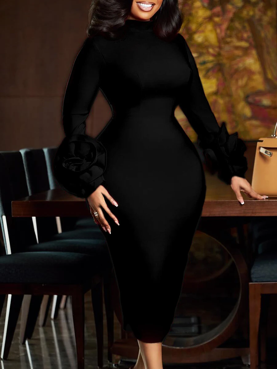 ZIML Abiti eleganti vintage dimagranti per donna Girocollo Manica lunga Vita alta Applicazioni impiombate Abito chic Moda femminile