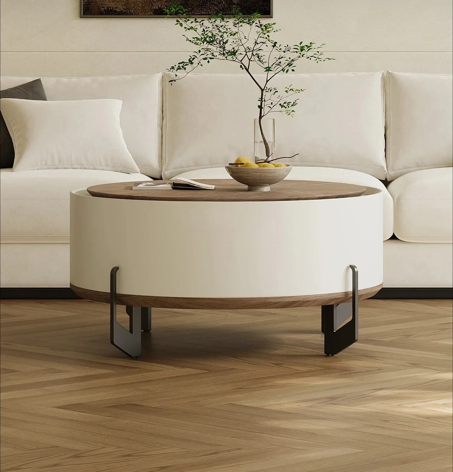 Lifting round coffee table high-end walnut leather living room household small apartment storage paint