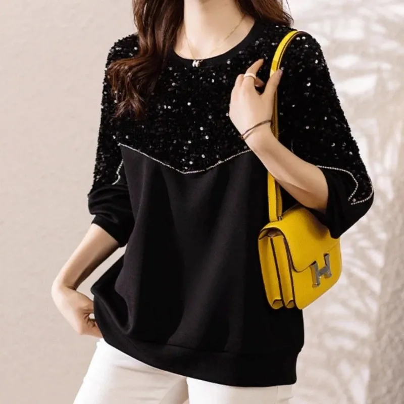 

Женская свободная толстовка с длинным рукавом, украшенная пайетками, с круглым вырезом, повседневный топ, модный облегающий пуловер, блузка для ежедневной носки
