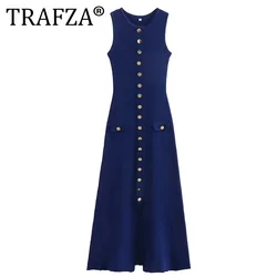 TRAFZA Elegant Knitted Single Breasted Women Solid Sleeveless O Neck Pockets Slim Long Dress 2024Summer Office Lady Robe