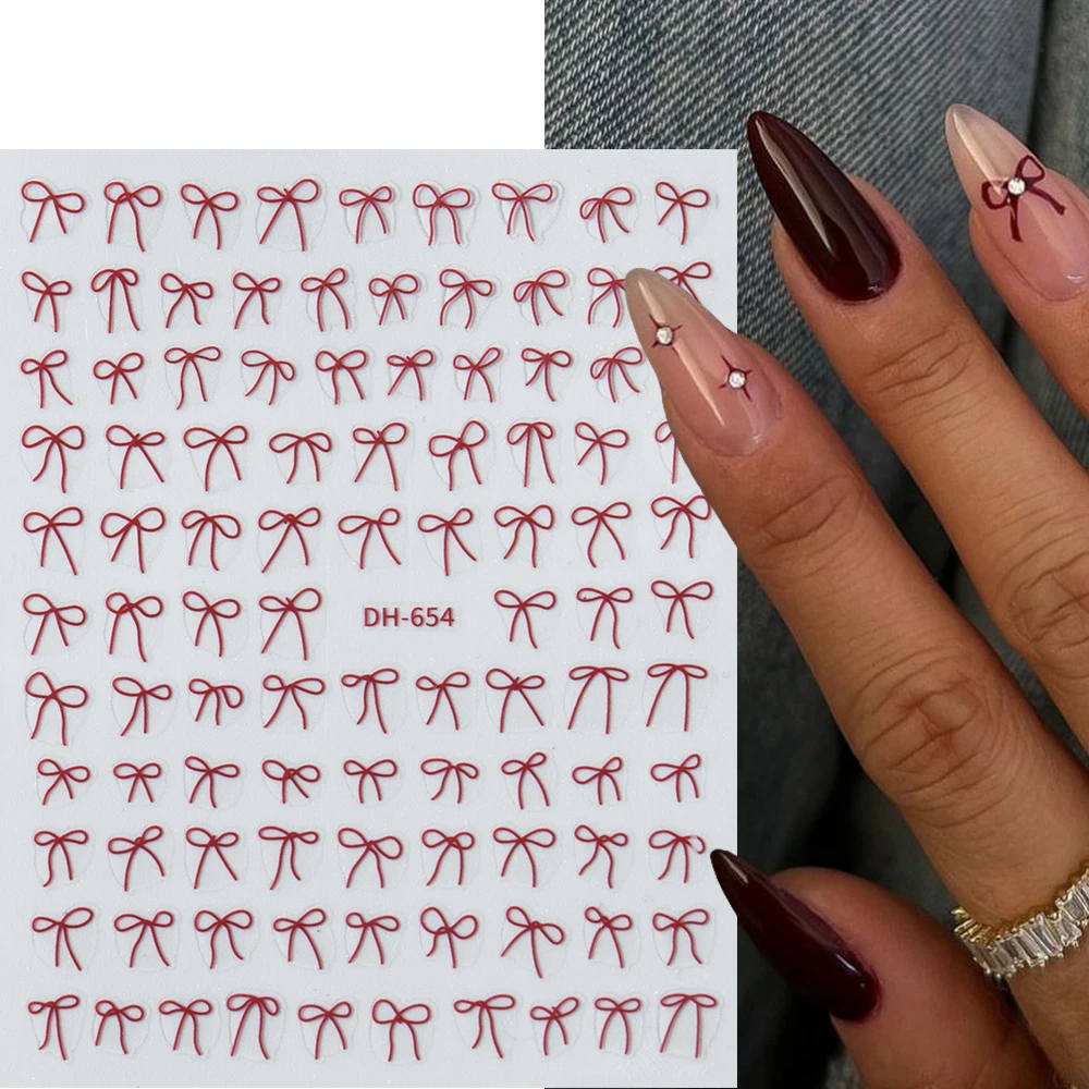 2 szt. Czerwona kokardka naklejki do paznokci naklejki, błyszczące amulety łuk samoprzylepne naklejki projekt ozdoby do paznokci Manicure materiały do paznokci