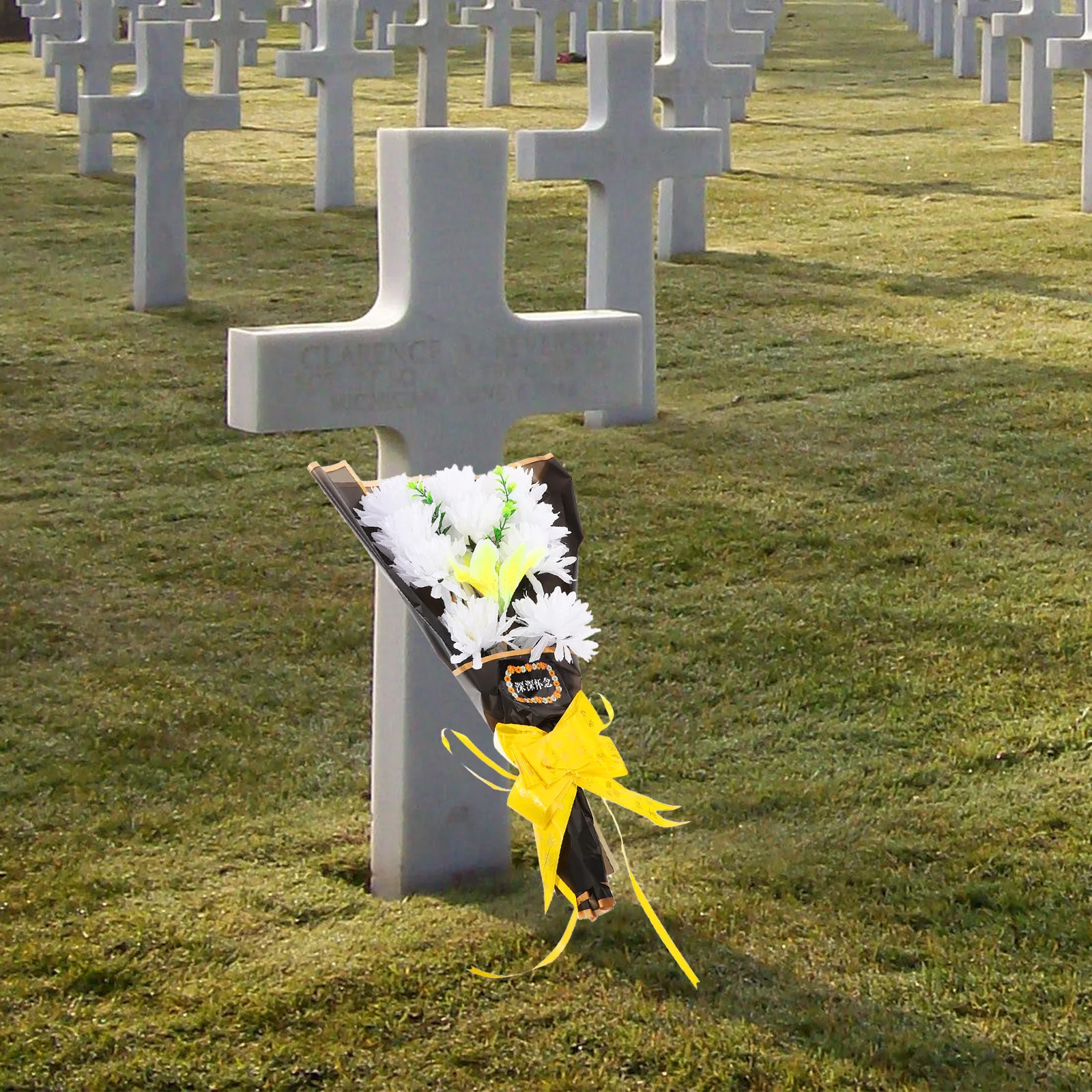 

2 Pcs White Silk Flowers for Cemetery Grave Decoration Reusable Artificial Faux Bouquet Memorial Tomb Sweeping Flower Stem